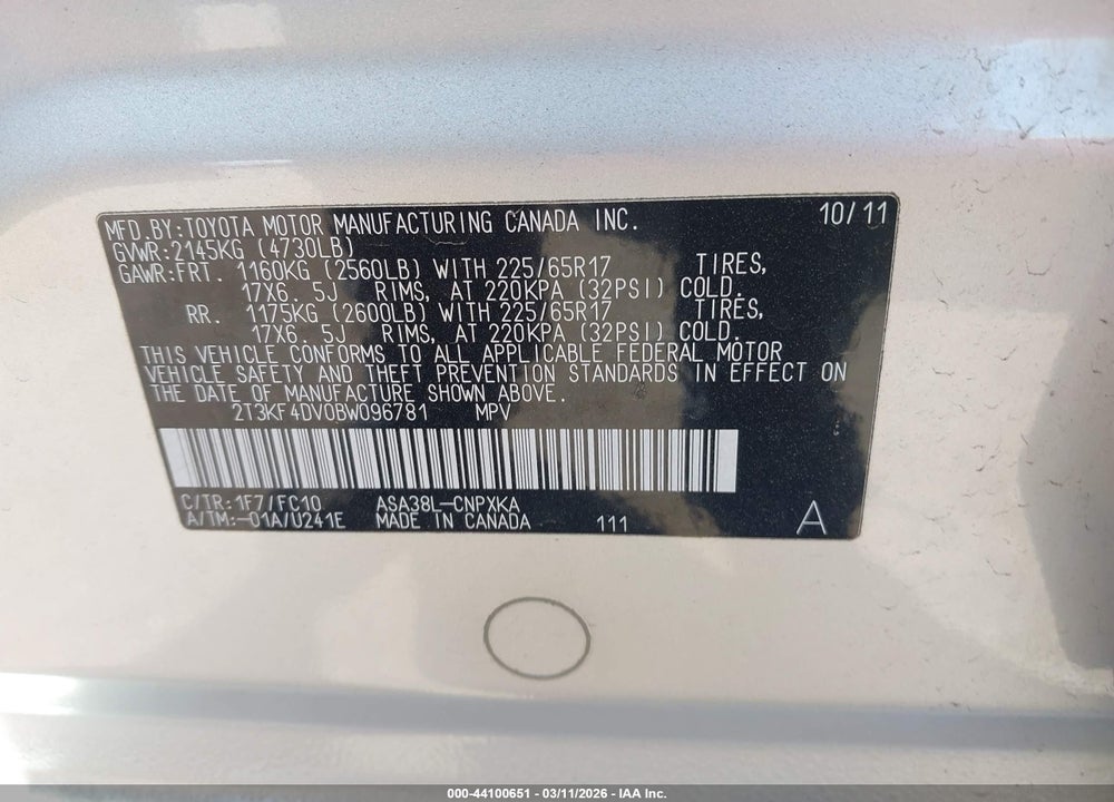2011 TOYOTA RAV4 VIN: 2T3KF4DV0BW096781