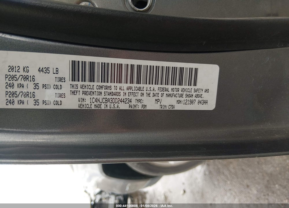 2013 JEEP COMPASS SPORT VIN: 1C4NJCBA3DD244234