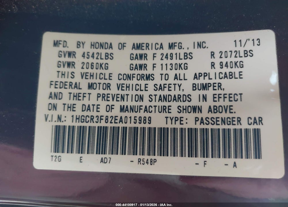 2014 HONDA ACCORD EX-L V-6 VIN: 1HGCR3F82EA015989