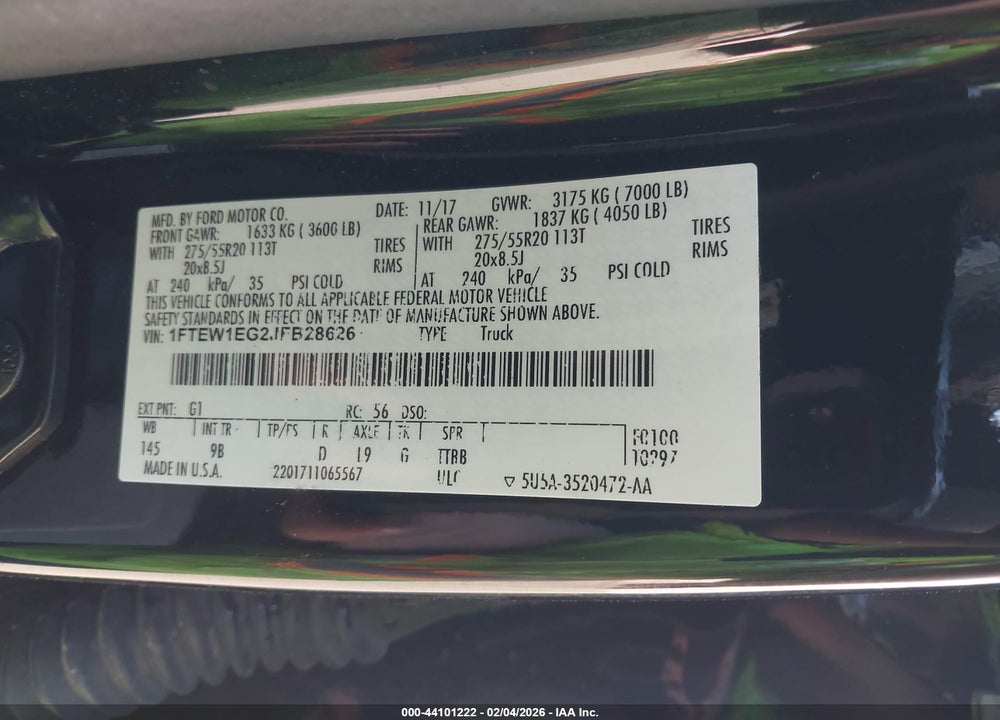 2018 FORD F-150 PLATINUM VIN: 1FTEW1EG2JFB28626