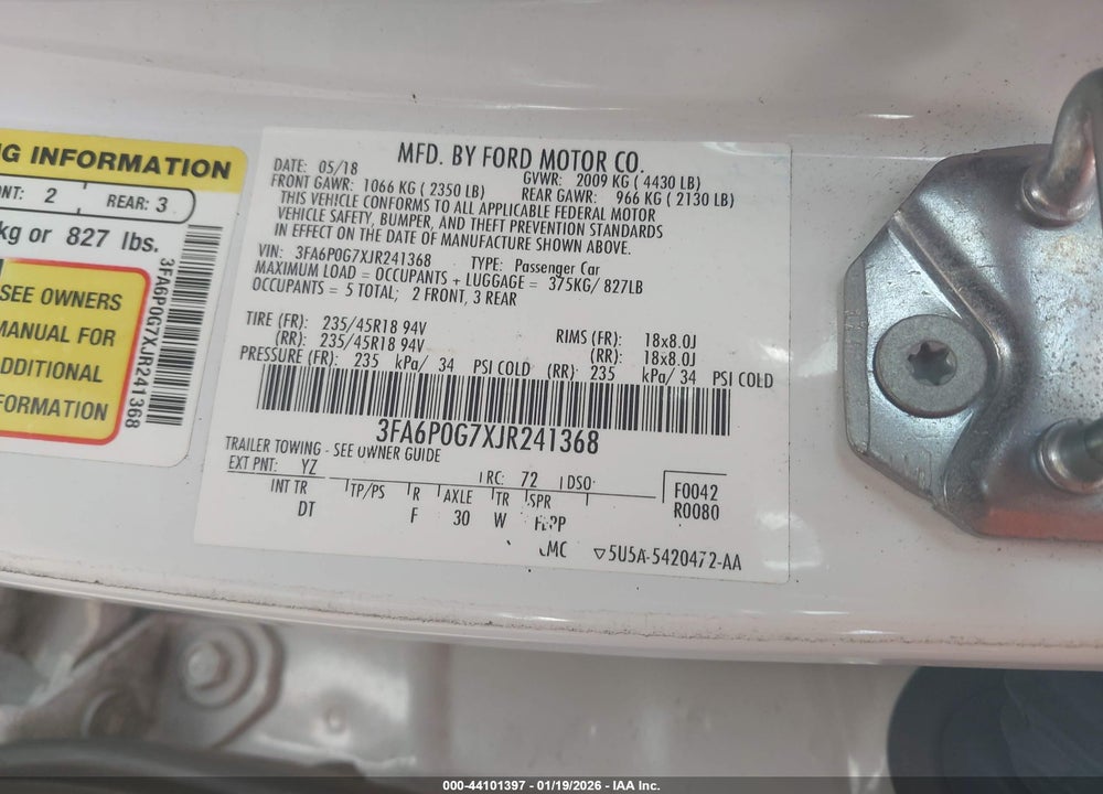 2018 FORD FUSION S VIN: 3FA6P0G7XJR241368