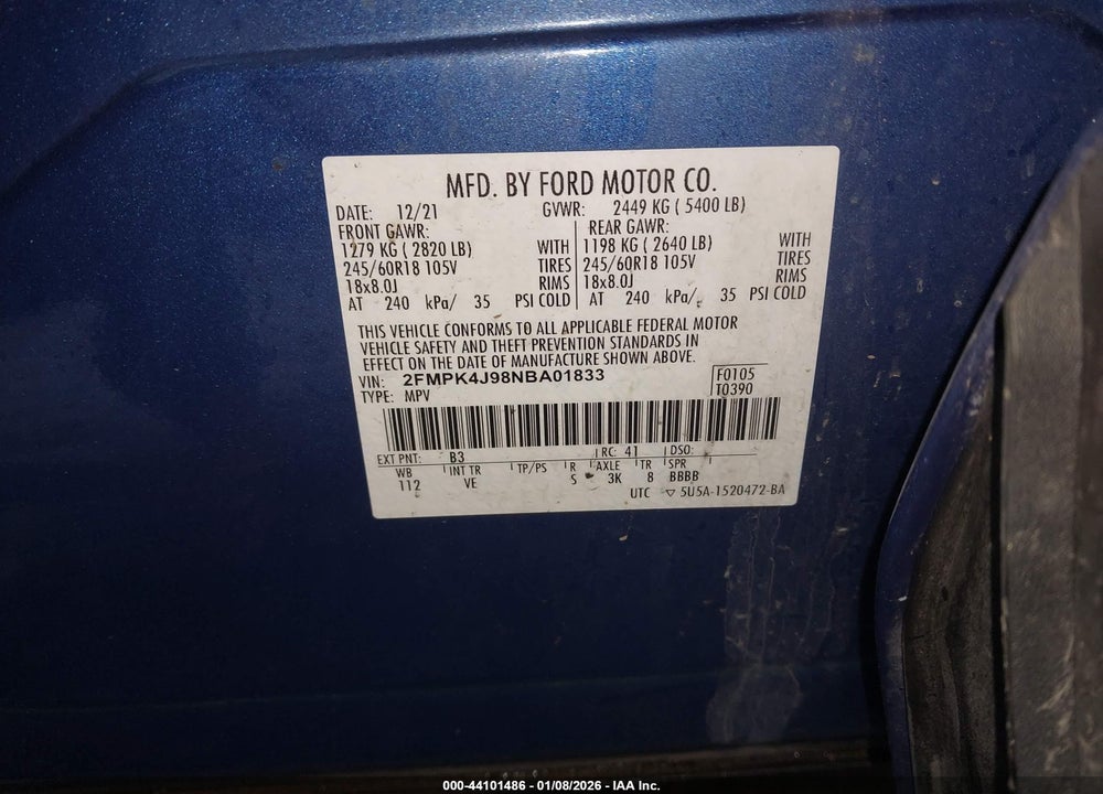 2022 FORD EDGE SEL VIN: 2FMPK4J98NBA01833