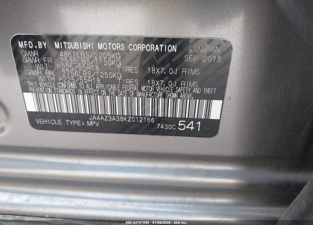 2019 MITSUBISHI OUTLANDER ES VIN: JA4AZ3A38KZ012166