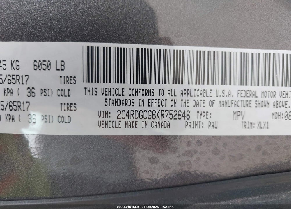 2019 DODGE GRAND CARAVAN SXT VIN: 2C4RDGCG6KR752646
