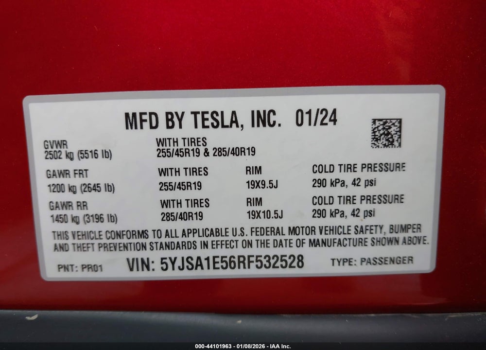 2024 TESLA MODEL S LONG RANGE VIN: 5YJSA1E56RF532528