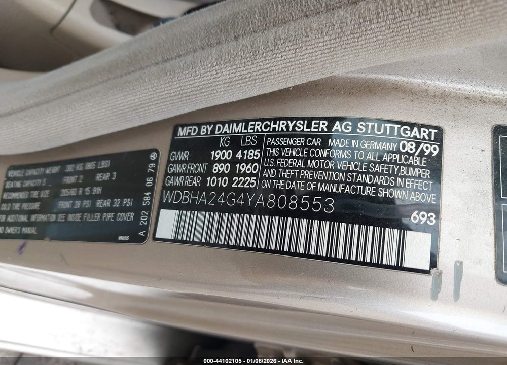 2000 MERCEDES-BENZ C 230 KOMPRESSOR VIN: WDBHA24G4YA808553