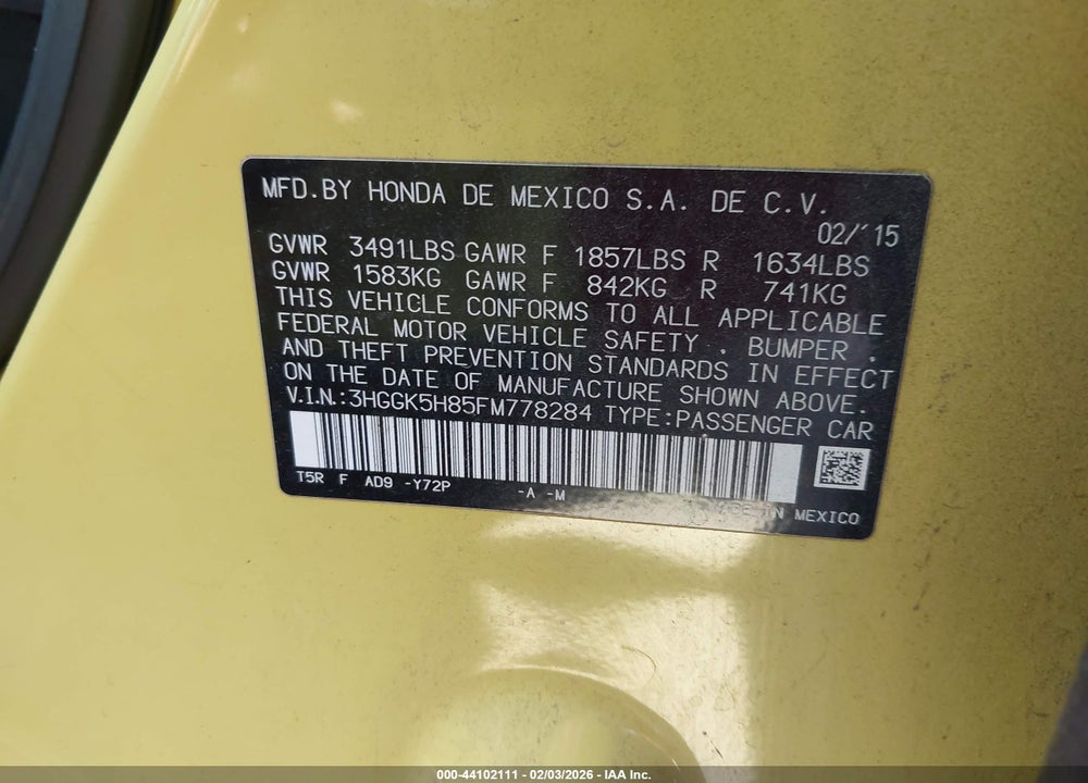 2015 HONDA FIT EX/EX-L VIN: 3HGGK5H85FM778284