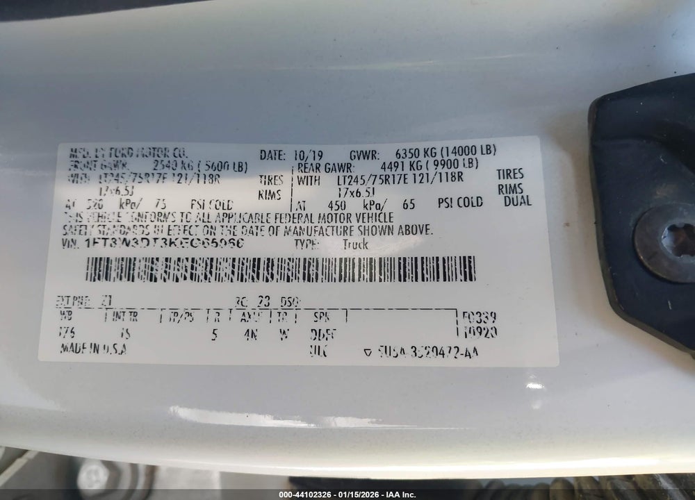 2019 FORD F-350 XL VIN: 1FT8W3DT3KEG65066