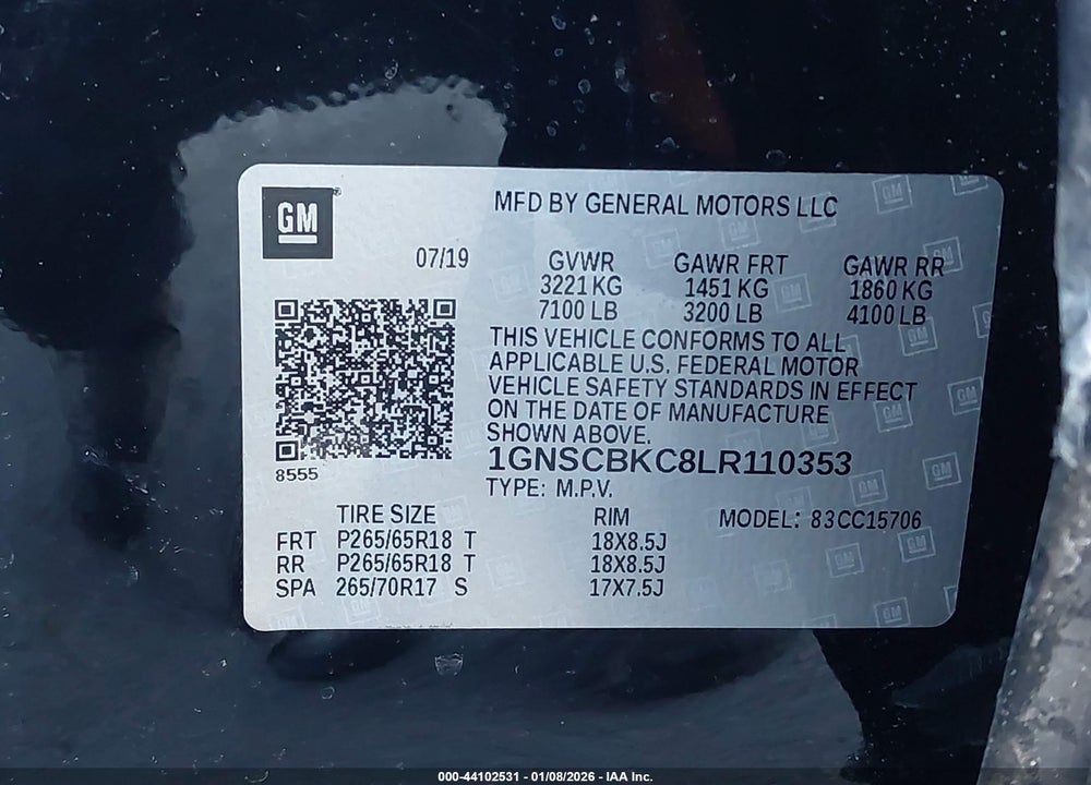 2020 CHEVROLET TAHOE 2WD LT VIN: 1GNSCBKC8LR110353