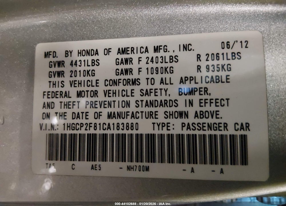 2012 HONDA ACCORD SDN 2.4 EX-L/EX-L VIN: 1HGCP2F81CA183880