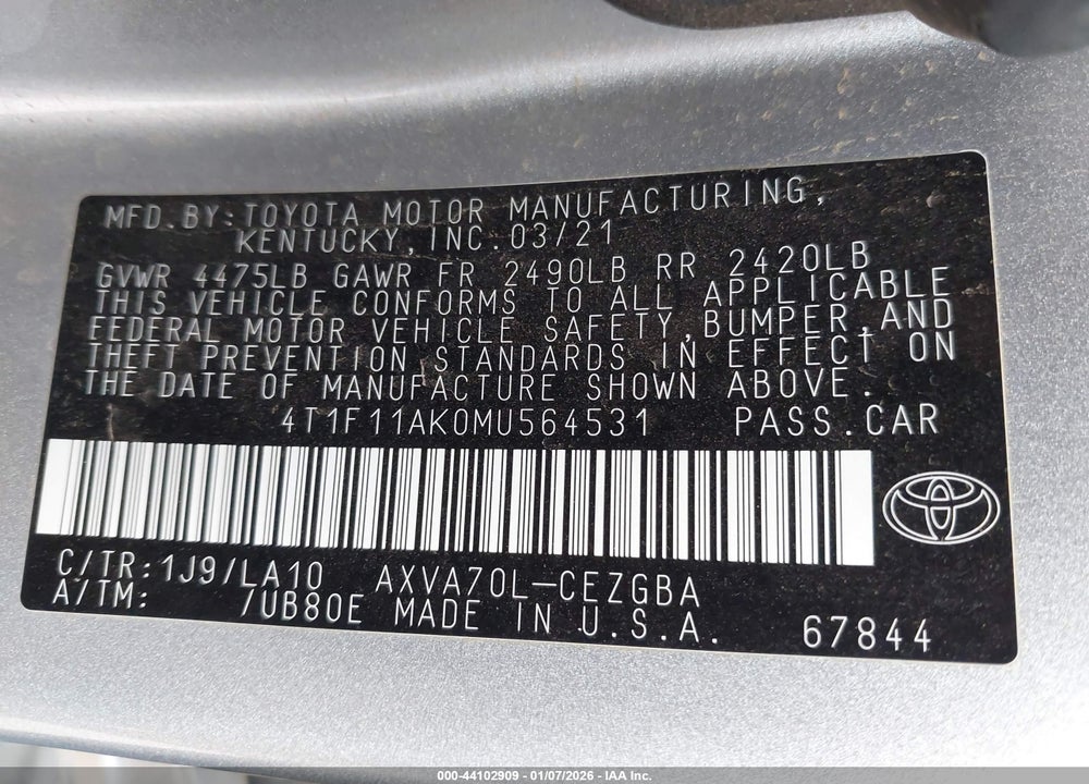 2021 TOYOTA CAMRY XLE VIN: 4T1F11AK0MU564531