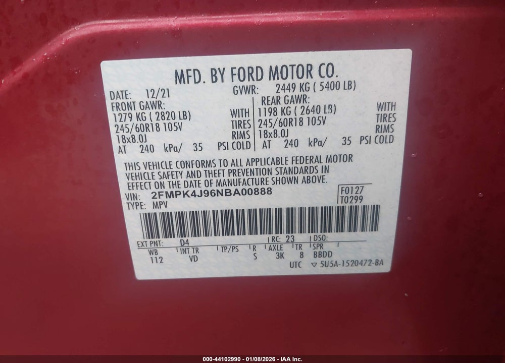 2022 FORD EDGE SEL VIN: 2FMPK4J96NBA00888