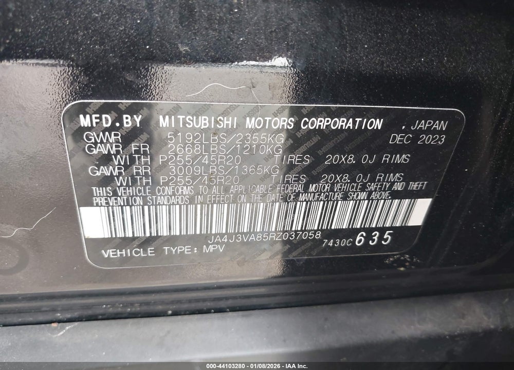 2024 MITSUBISHI OUTLANDER SE 2.5 2WD/SE BLACK EDITION S-AWC/SE BLACK EDITION W/PANO ROOF VIN: JA4J3VA85RZ037058
