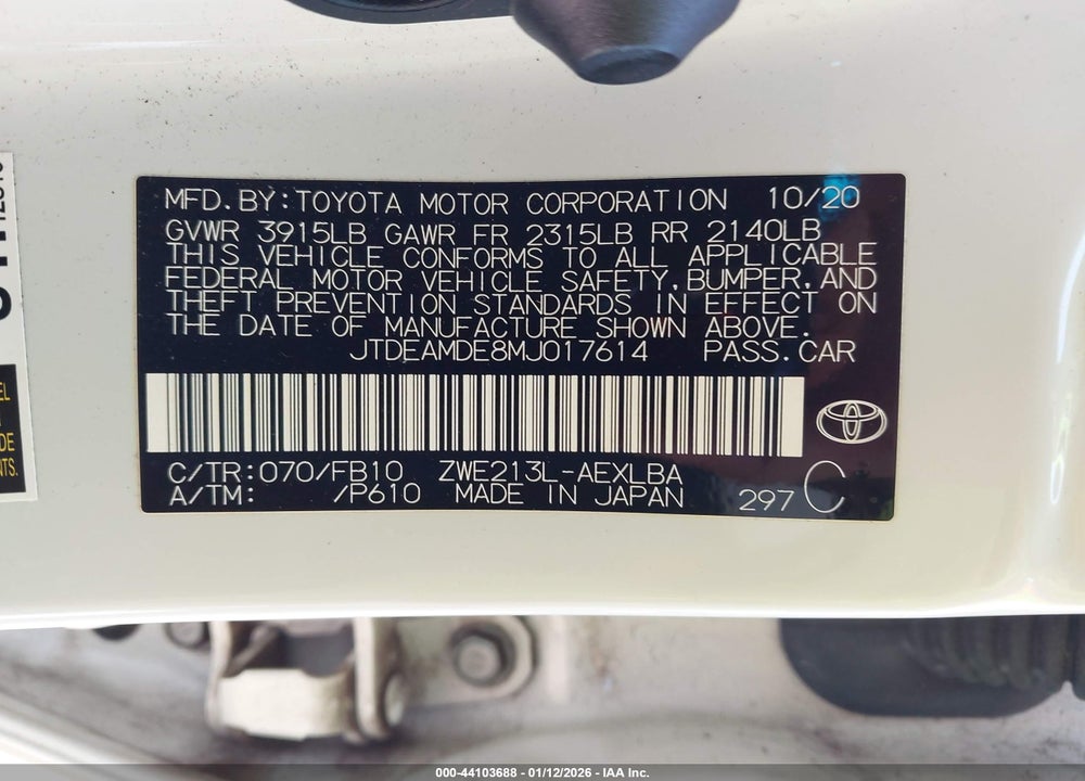 2021 TOYOTA COROLLA HYBRID LE VIN: JTDEAMDE8MJ017614