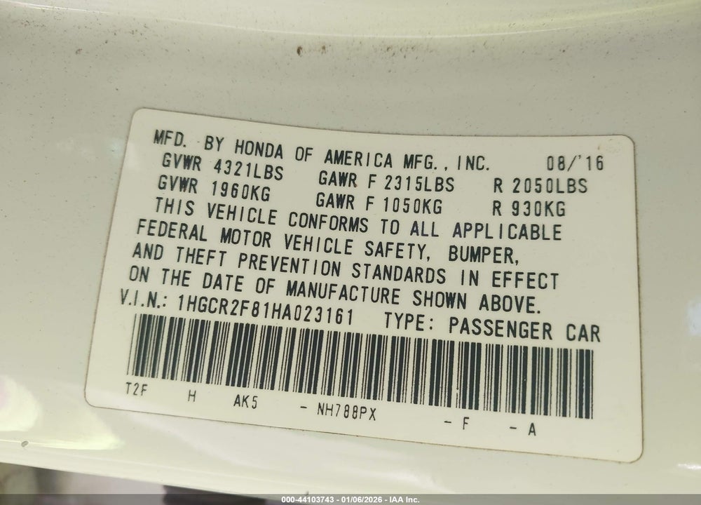 2017 HONDA ACCORD EX-L VIN: 1HGCR2F81HA023161