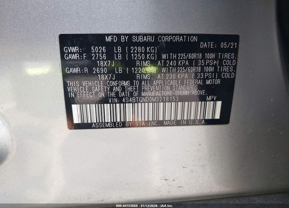 2021 SUBARU OUTBACK LIMITED XT VIN: 4S4BTGND0M3218153