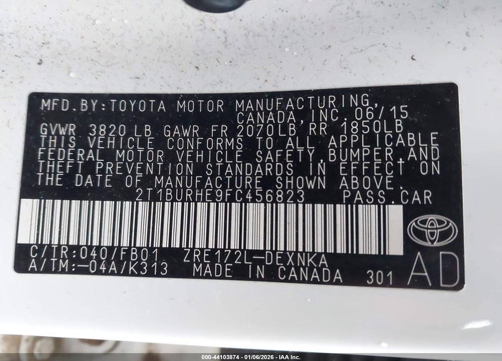 2015 TOYOTA COROLLA LE VIN: 2T1BURHE9FC456823