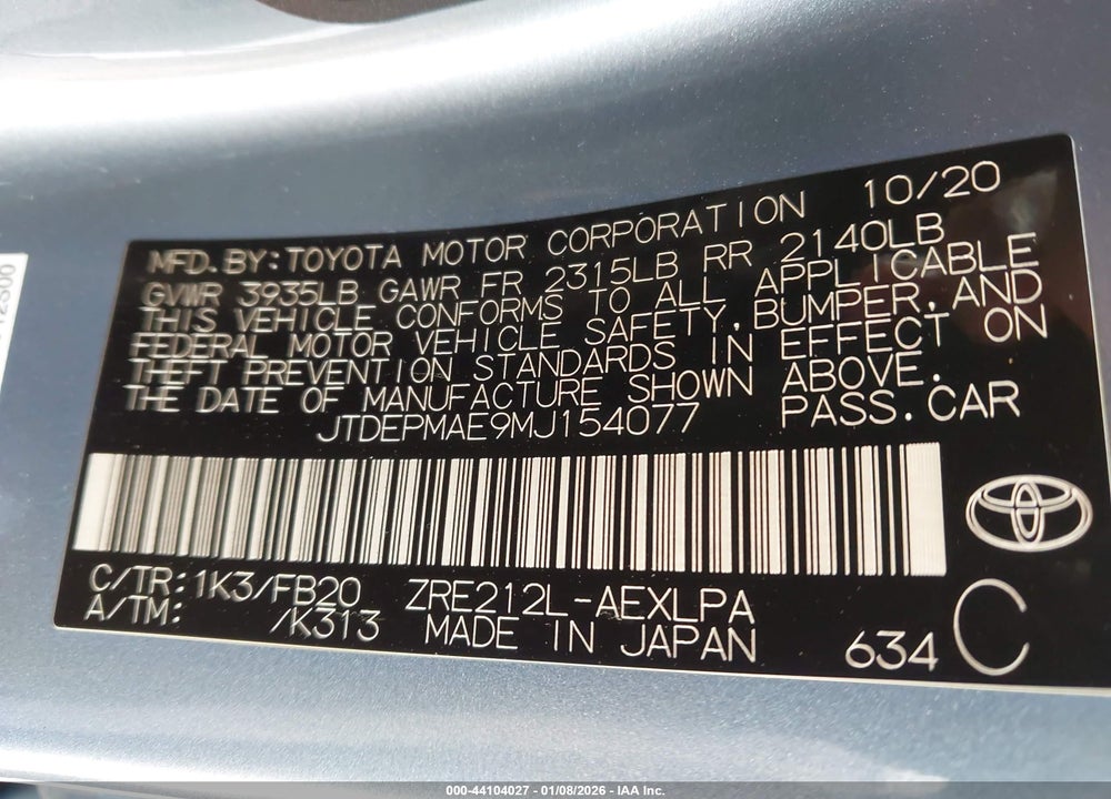 2021 TOYOTA COROLLA LE VIN: JTDEPMAE9MJ154077