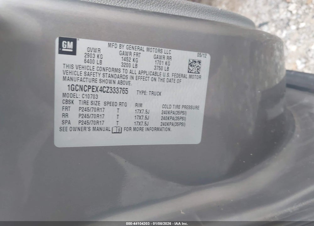 2012 CHEVROLET SILVERADO 1500 WORK TRUCK VIN: 1GCNCPEX4CZ333765