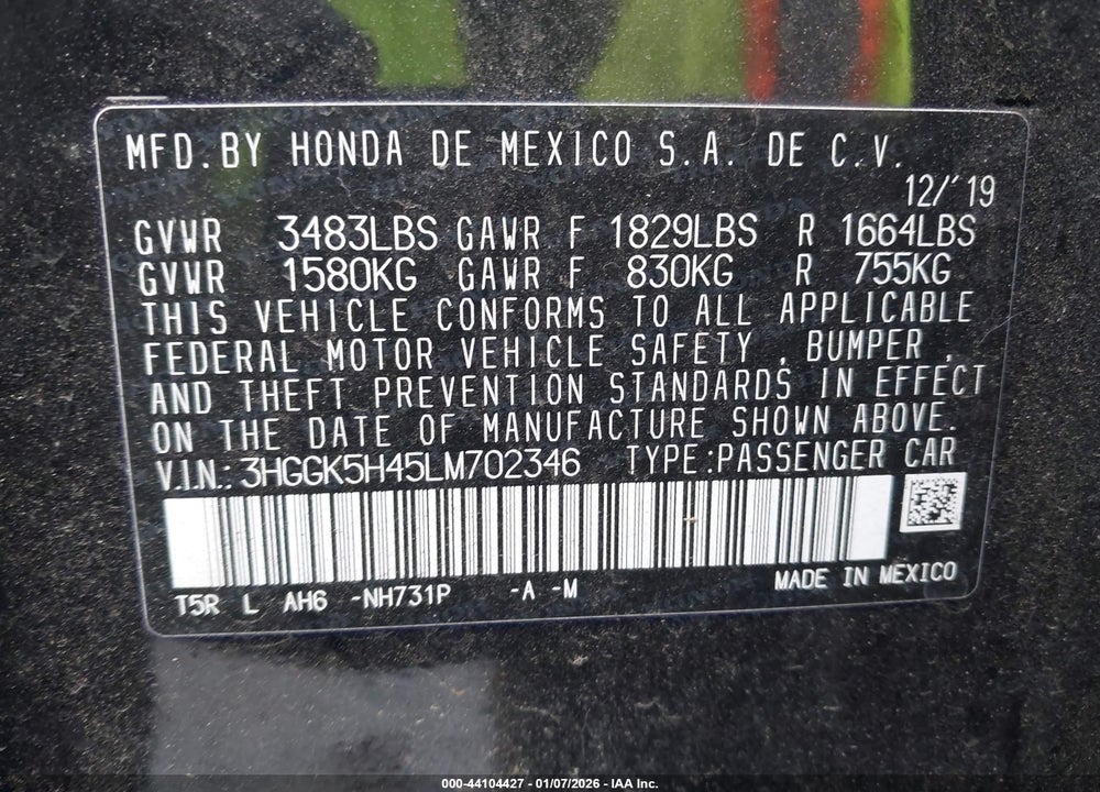 2020 HONDA FIT LX VIN: 3HGGK5H45LM702346