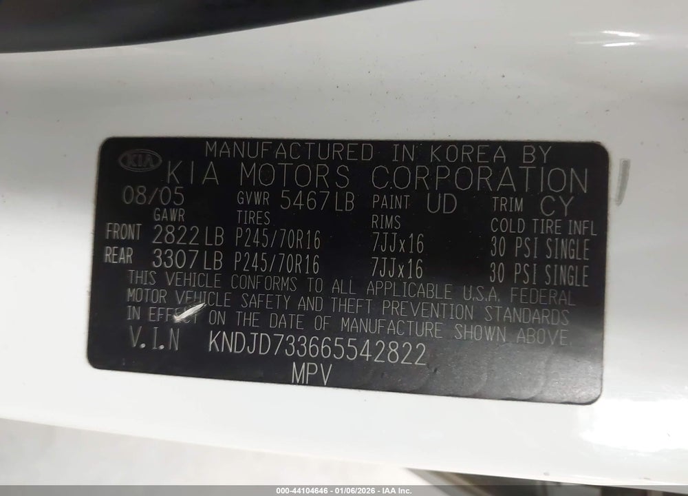 2006 KIA SORENTO EX/LX VIN: KNDJD733665542822