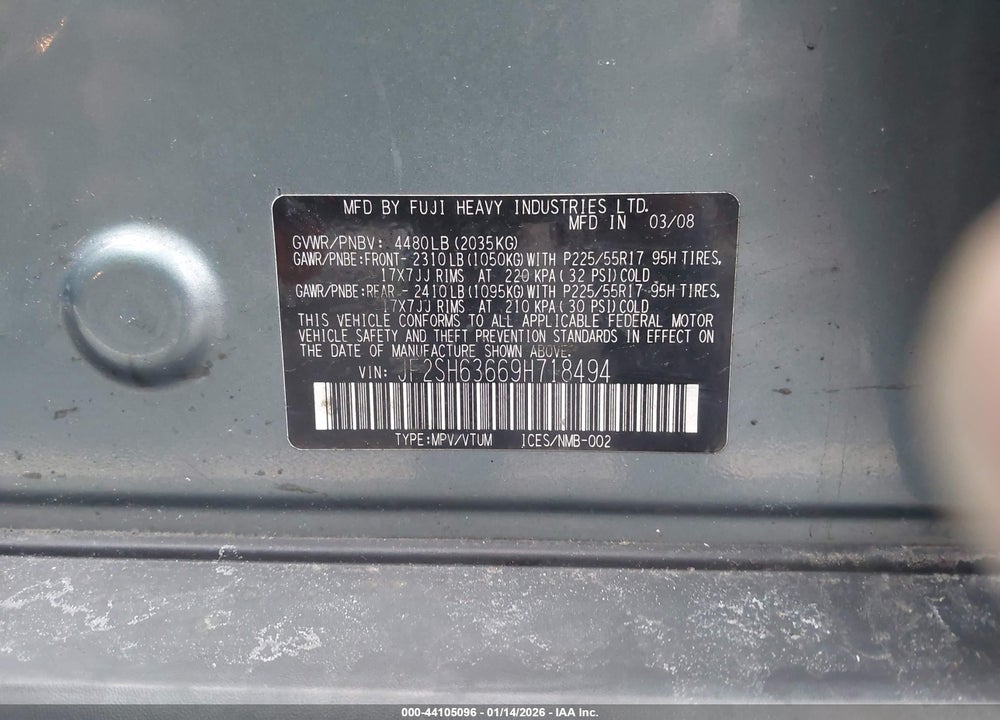 2009 SUBARU FORESTER 2.5X VIN: JF2SH63669H718494