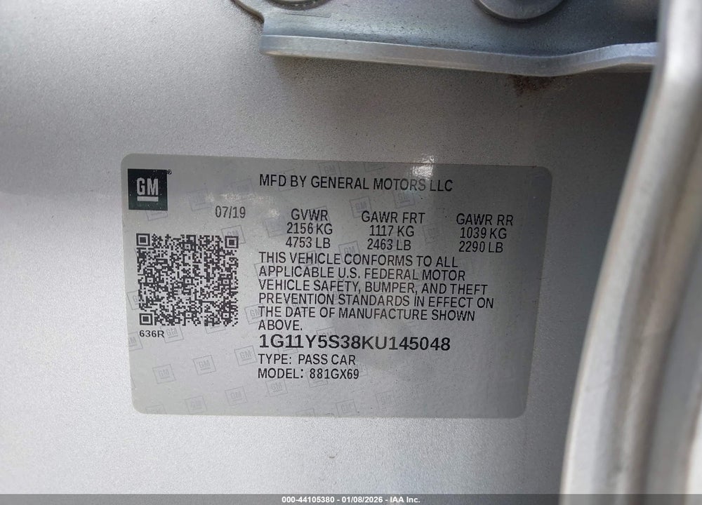 2019 CHEVROLET IMPALA LS VIN: 1G11Y5S38KU145048