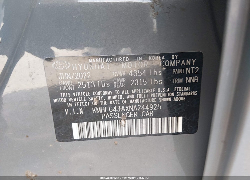 2022 HYUNDAI SONATA SEL VIN: KMHL64JAXNA244925