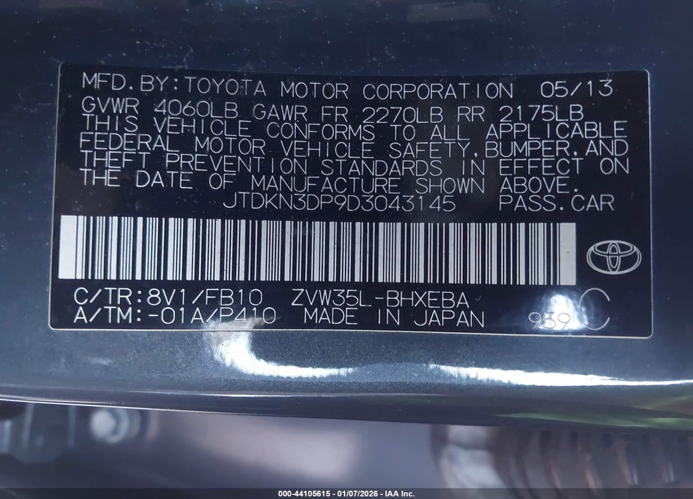 2013 TOYOTA PRIUS PLUG-IN VIN: JTDKN3DP9D3043145