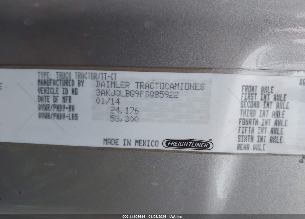 2015 FREIGHTLINER CASCADIA 125 VIN: 3AKJGLBG9FSGB5922