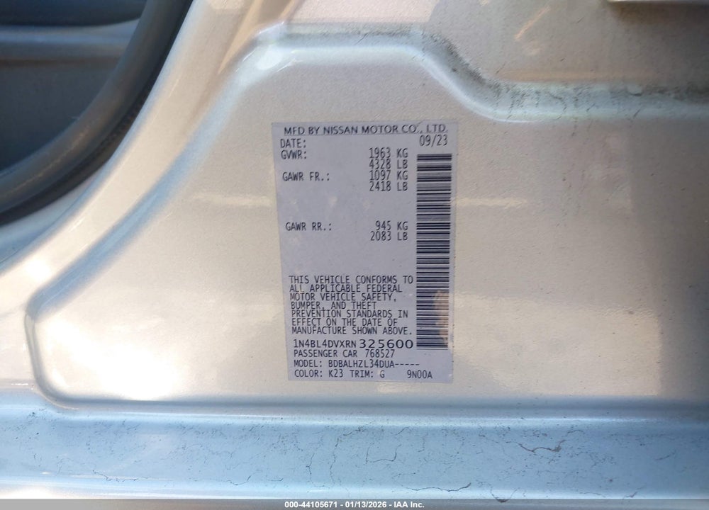 2024 NISSAN ALTIMA SV FWD VIN: 1N4BL4DVXRN325600