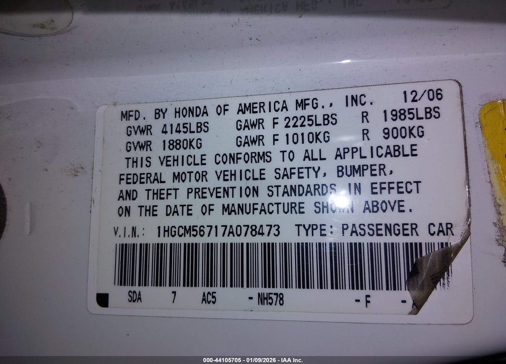 2007 HONDA ACCORD 2.4 EX VIN: 1HGCM56717A078473