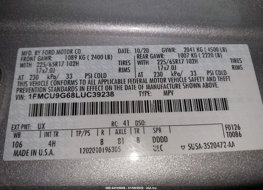 2020 FORD ESCAPE SE VIN: 1FMCU9G68LUC39238