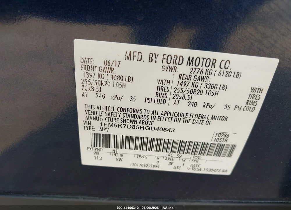 2017 FORD EXPLORER XLT VIN: 1FM5K7D85HGD40543