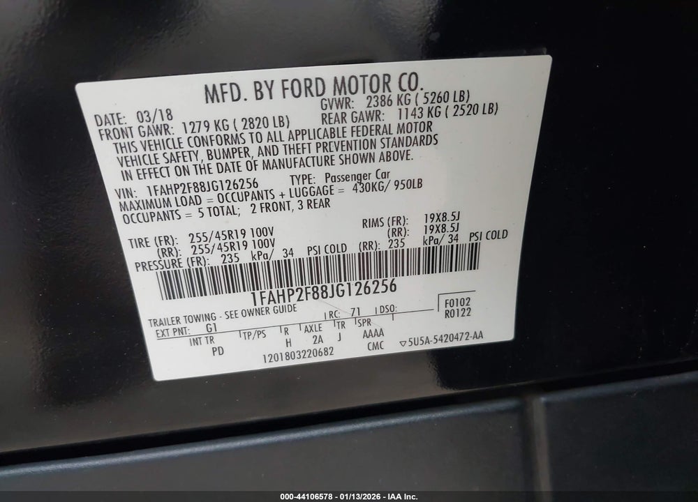 2018 FORD TAURUS LIMITED VIN: 1FAHP2F88JG126256