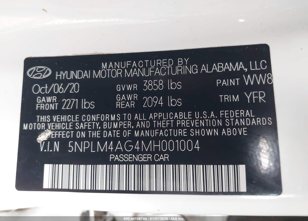 2021 HYUNDAI ELANTRA SEL VIN: 5NPLM4AG4MH001004