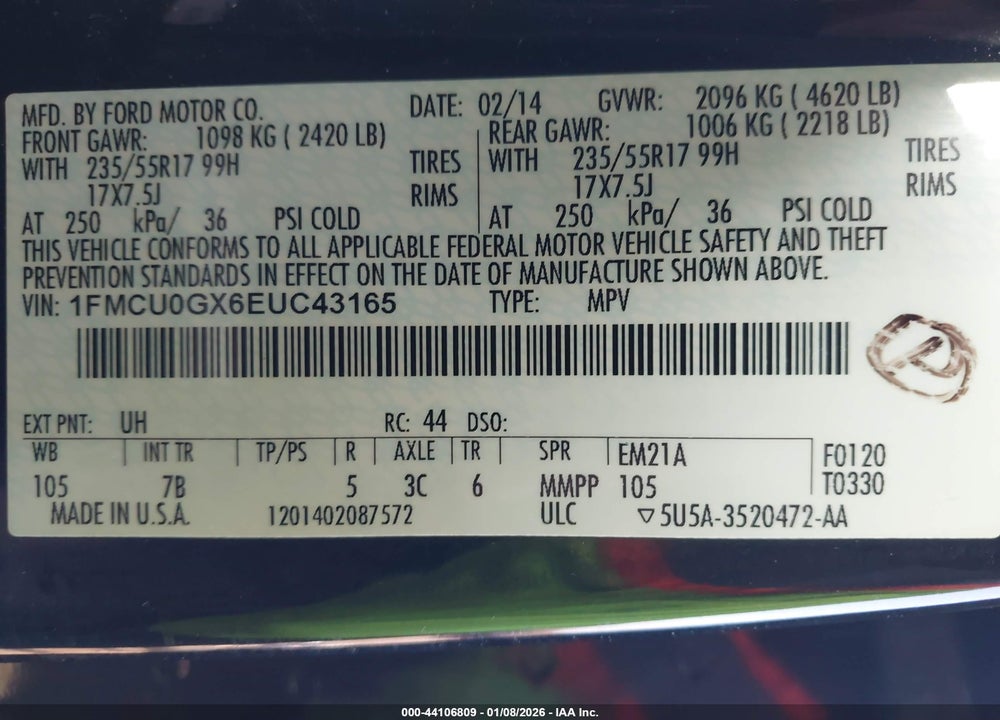2014 FORD ESCAPE SE VIN: 1FMCU0GX6EUC43165