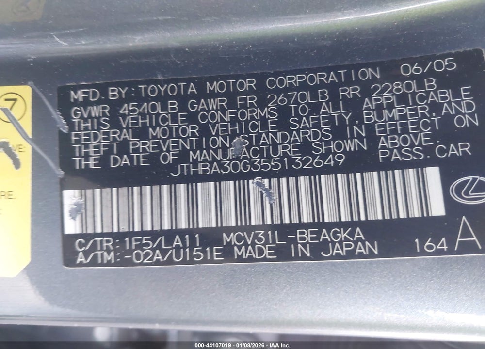 2005 LEXUS ES 330 VIN: JTHBA30G355132649