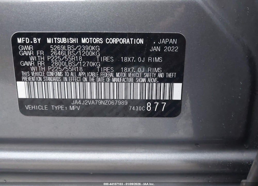 2022 MITSUBISHI OUTLANDER VIN: JA4J2VA79NZ067989
