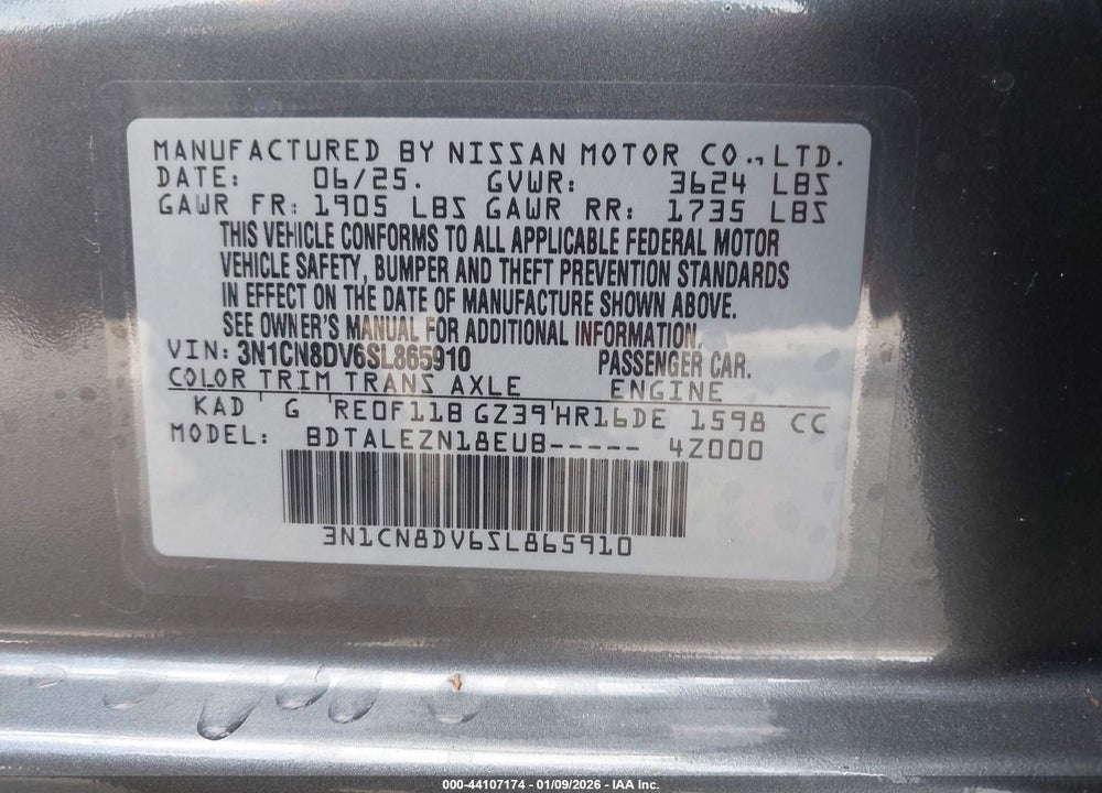 2025 NISSAN VERSA 1.6 S VIN: 3N1CN8DV6SL865910