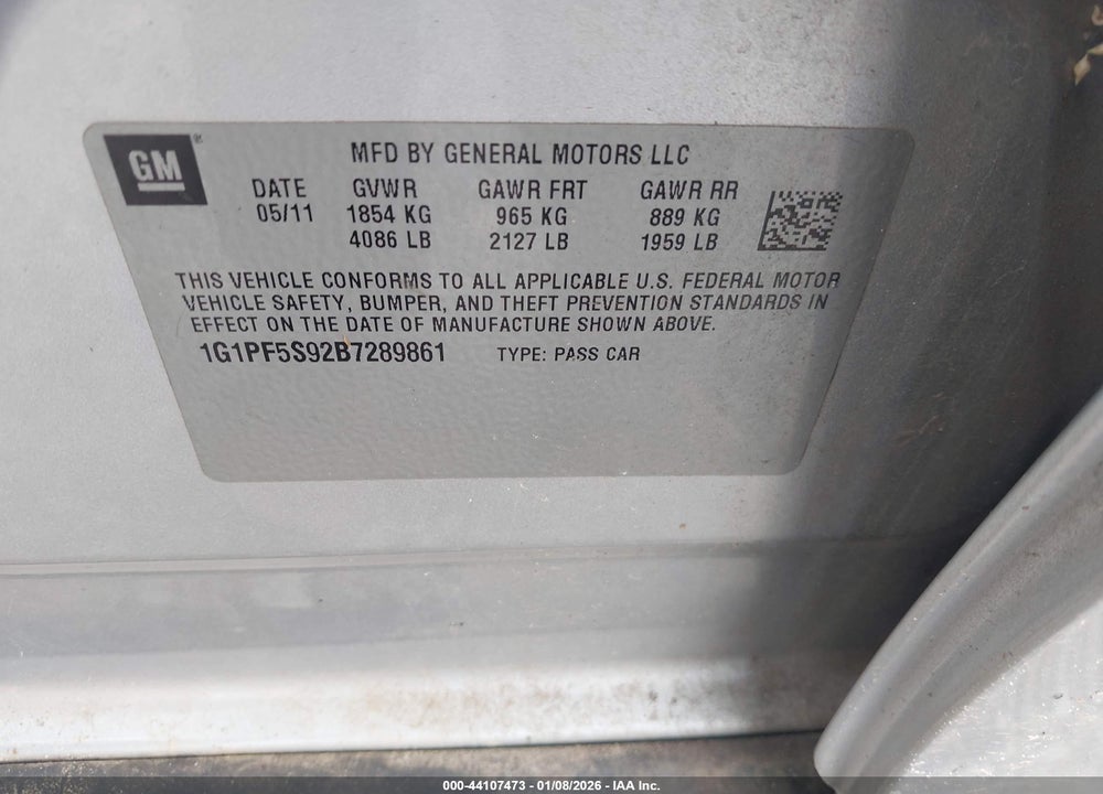 2011 CHEVROLET CRUZE 1LT VIN: 1G1PF5S92B7289861