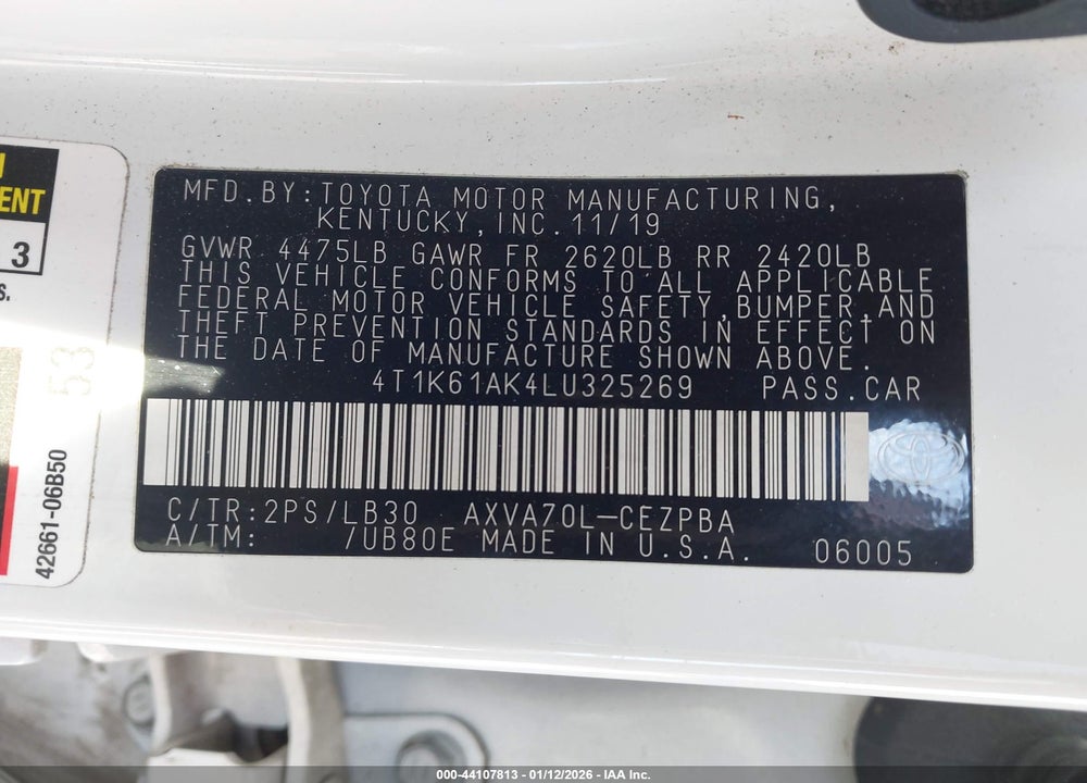 2020 TOYOTA CAMRY XSE VIN: 4T1K61AK4LU325269