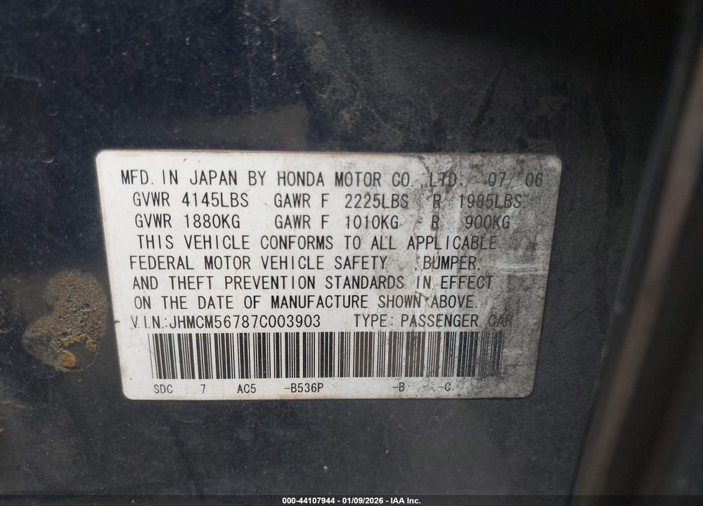 2007 HONDA ACCORD 2.4 EX VIN: JHMCM56787C003903