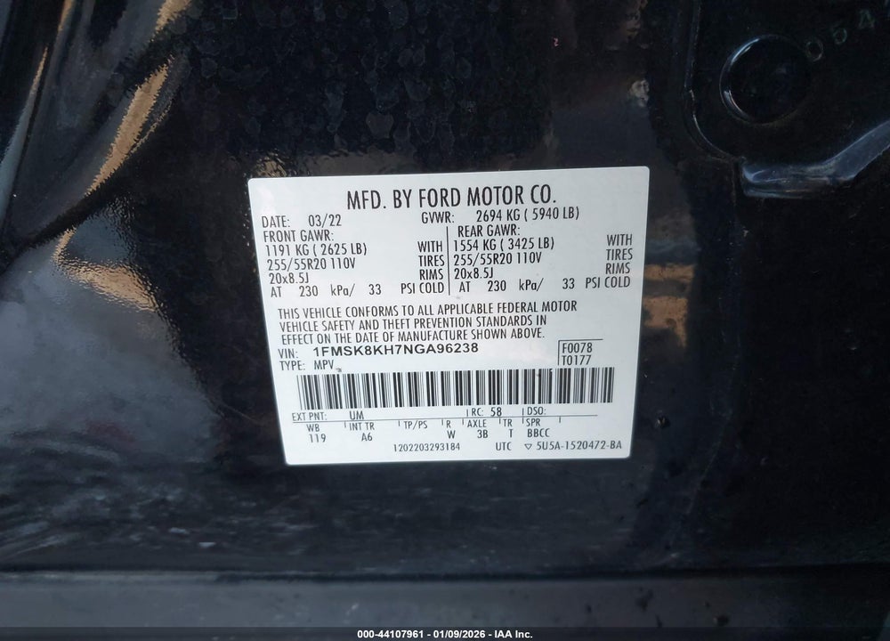 2022 FORD EXPLORER ST-LINE VIN: 1FMSK8KH7NGA96238