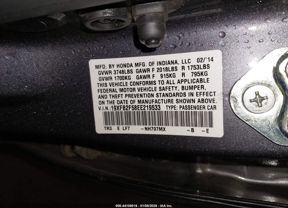 2014 HONDA CIVIC LX VIN: 19XFB2F58EE219533