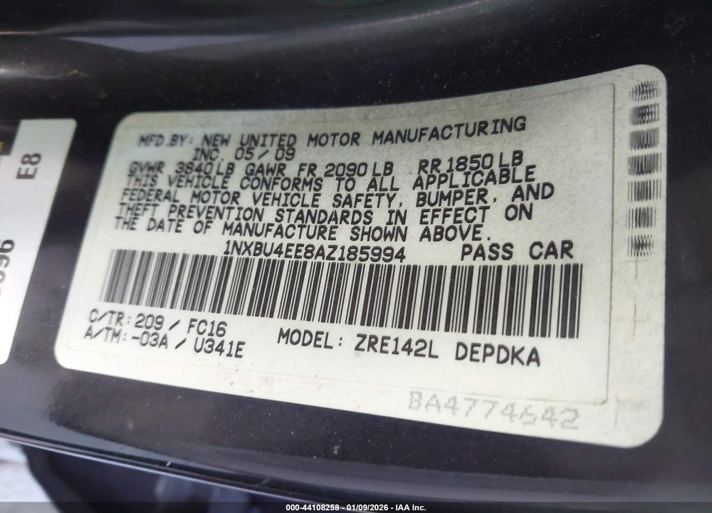2010 TOYOTA COROLLA LE VIN: 1NXBU4EE8AZ185994