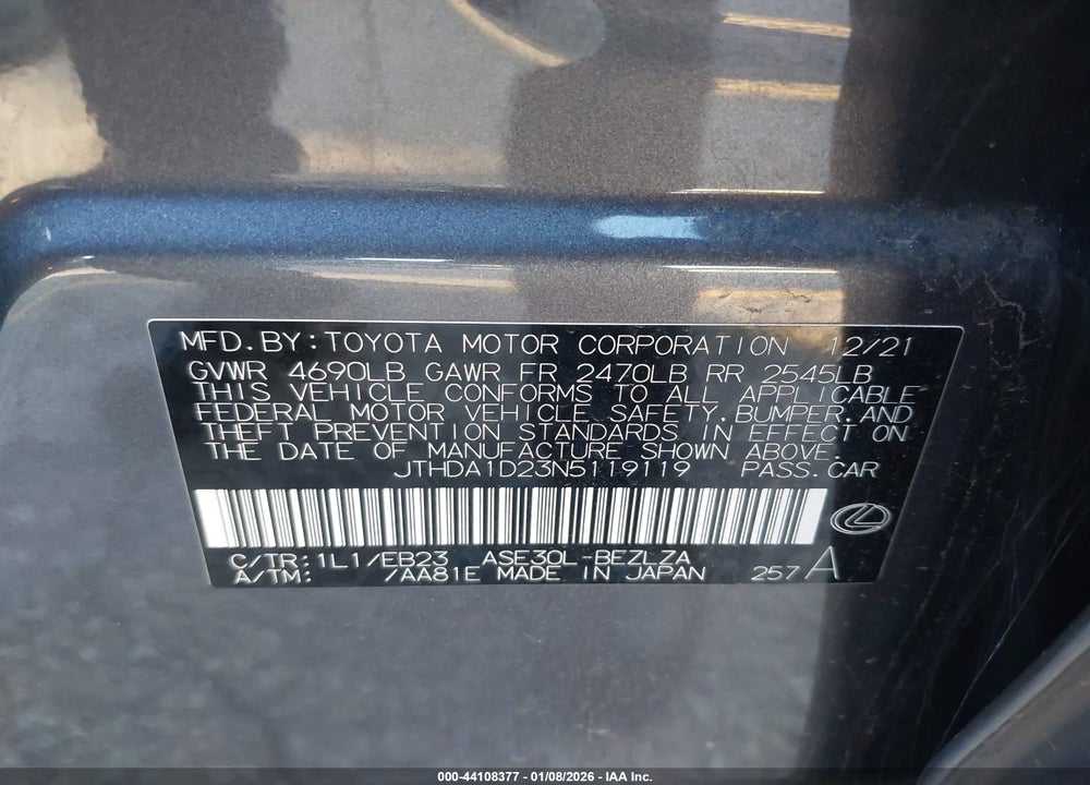 2022 LEXUS IS 300 VIN: JTHDA1D23N5119119