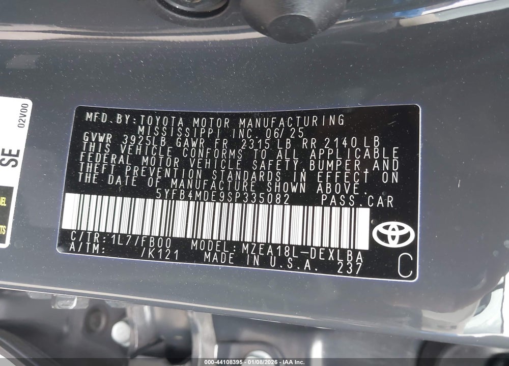 2025 TOYOTA COROLLA LE VIN: 5YFB4MDE9SP335082
