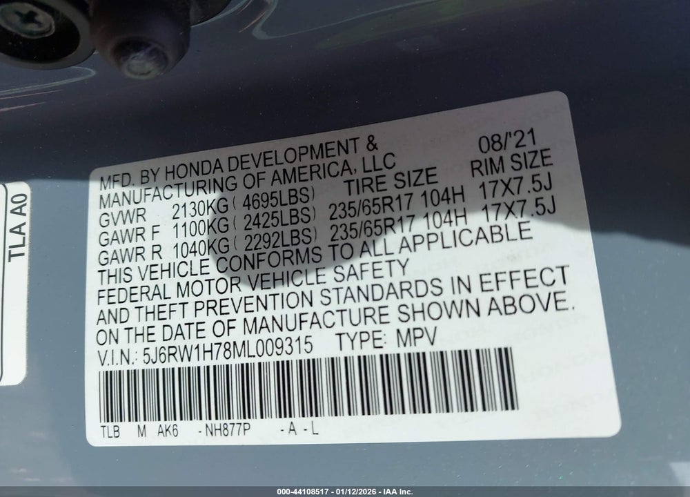 2021 HONDA CR-V 2WD SPECIAL EDITION VIN: 5J6RW1H78ML009315