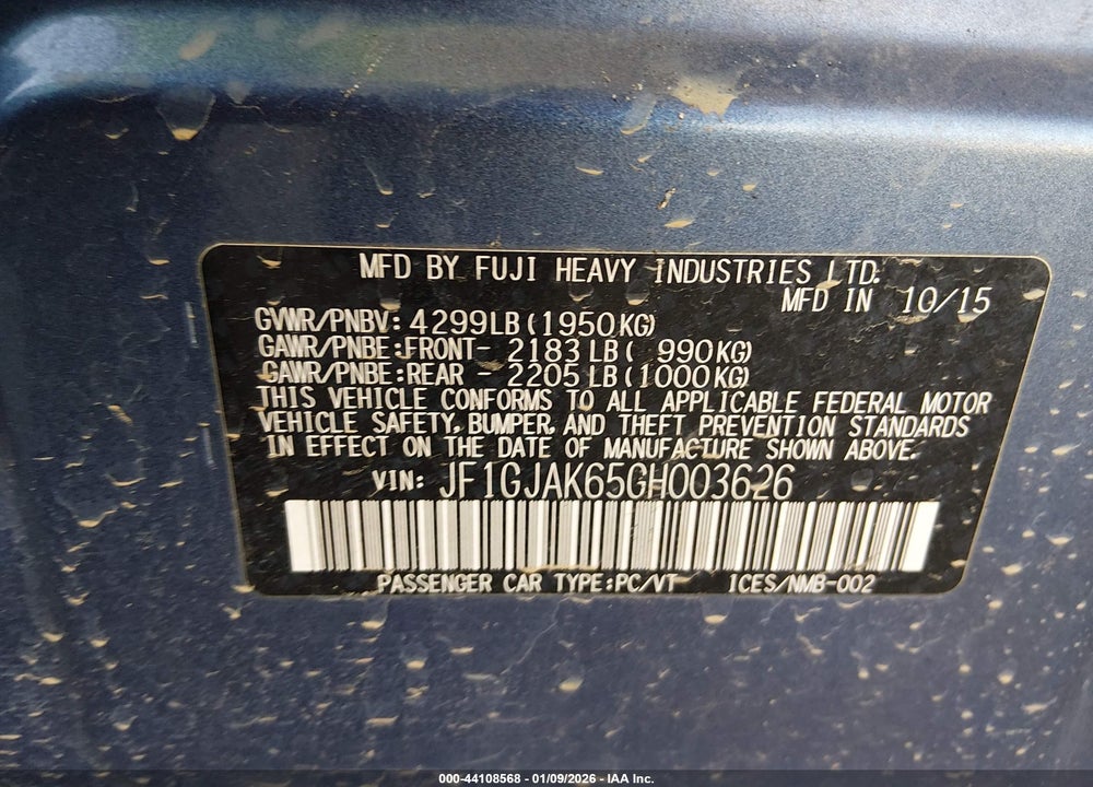 2016 SUBARU IMPREZA 2.0I LIMITED VIN: JF1GJAK65GH003626